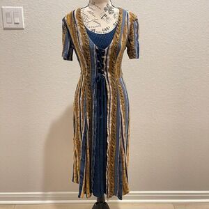 Jamie Brooke Vintage Boho Striped Lace Up Rayon‎ Midi Dress Women Size Medium
